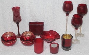 lot 359 image: Mixed Lot of red glass like candle holders and glasses and ruffled Red Bowl and vase