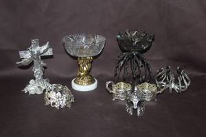 lot 362 image: Glass bowl with a cherub base and metal octopus and a mix of other metal decor