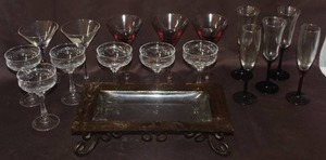 lot 372 image: Mixed Lot of glasses mix of colors glass tray with metal base