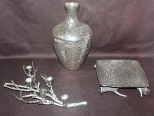 lot 374 image: Metal tray with deer horned feet and branch candle holder and vase