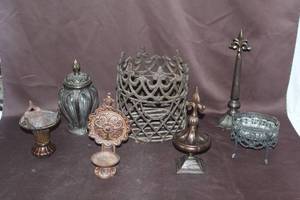 lot 386 image: Brass Caged Blown Glass Apothecary Jar with Lid - Vintage  vintage silver tray with Crystal insert and much more see all pictures