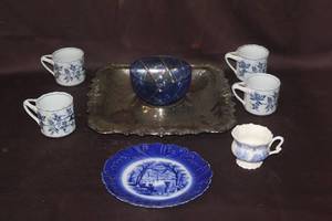 lot 389 image: Silver tray and decorative Blue and white plate and blue and white cups and more see pictures