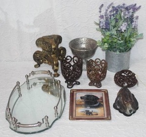 lot 392 image: Decorative mirror tray with handles and ANTIQUE CAST IRON HOUND DOG CLAMPING PAPERNOTES WALL HANGING HOLDER And much more see pictures