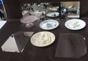 lot 398 image: Mixed Lot of decorative mirrors and collectible plates and pink glass tray on a glass pedestal