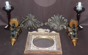 lot 413 image: Decorative wall shelves and decorative mirror and wall hanging candle holders and glass candle holders
