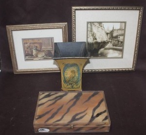 lot 444 image: Leopard picture and leopard flower vase and decorative box and more see pictures