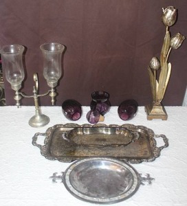 lot 446 image: Silver platters,vases,candle holder and more see pictures