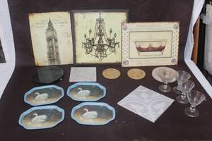 lot 474 image: Metal sign pictures and decorative glasses small swan trays and more see pictures