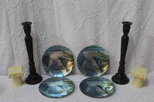lot 481 image: Pier 1 Imports Blue Bird Glass And Brushed Foil 8 Plates Set Of 4 and to metal candle holders and more see pictures