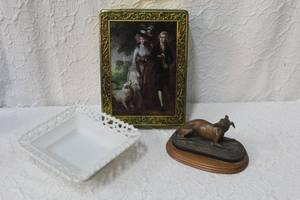 lot 486 image: a greyhound dog, likely by Pierre-Jules Mne (1810-1879), and Antique Indiana Milk Glass pedistal Dish 9 x 10 molded pressed glass and a Middleton box