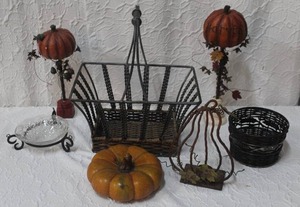 lot 497 image: Pumpkin decorations metal basket and more see photo