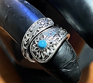 lot 35 image: .925 Sterling Silver Spoon Ring - Exquisite Sunflower Carving Inlaid With Turquoise Embellishment&nbsp
