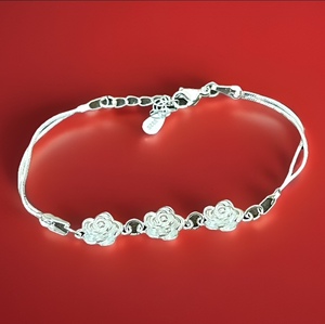 lot 54 image: Double Layered Bohemian Style .925 Sterling Silver Rose Camellia Bracelet