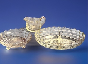 lot 134 image: Vintage Fostoria Clear Glass CandyBon Bon Dish - 3-Footed Mid-Century Cubic Pattern, Vintage Etched Flower Chrystal Floral Cut Glass Saw Tooth Edge Creamer, &amp&nbsp Vintage Fostoria Oval Glass Divided RelishVegetable Serving Dish