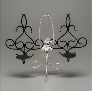 lot 156 image: Two (2) Vintage Wrought Iron Wall Sconces &amp Vintage White Twisted Metal Rope 2 Taper Candle Holder