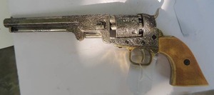 lot 483 image: Replica COLT NAVY REVELOVER   ENGRAVED  SHIPS ON BARREL  13 LENGTH