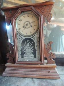 lot 500 image: Ansonia clock co. mantel clock wood of pendulum and key