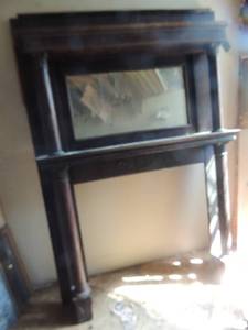 lot 811 image: ANTIQUE  Oak  FIREPLACEMANTLE with MIRROR - CARVED COLUMNS, 60 X 85H TURN OF THE CENTURY