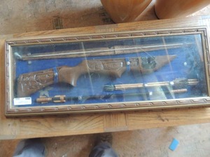 lot 466 image: Vintage crossbow- blow gun display with shadow box  13 H X 35L