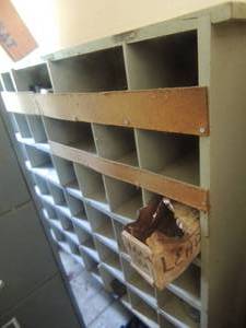 lot 1489 image: WOODEN SHELF W CUBBIES  WITH CONTENTS  NUTS, BOLTS, SCREWS PLUS 42X48H X 10D