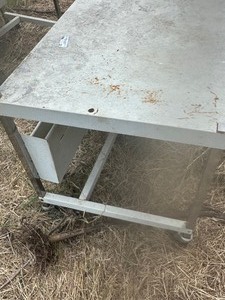 lot 22 image: metal table on wheels 3 x 2 x 26 USED AS A BEDDING TABLE IN GARDEN