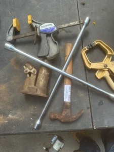lot 1596 image: jack - lug wrench, hammer, bar clamp