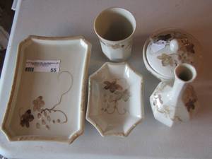 lot 55 image: hand painted Andre Richard vase, cup, covered dish, bowl and 1 plate