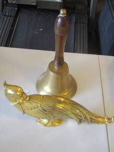 lot 57 image: large handled bell, gold color bird dcor