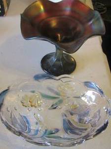 lot 60 image: rainbow carnival glass fruit bowl, decorative fruit bowl