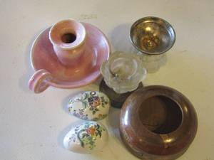 lot 66 image: pink handled candle holder, decorative eggs, candle holders, wooden vase
