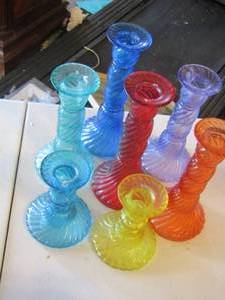 lot 77 image: MAY DEPARTMENT STORE multi color glass candle stick holders