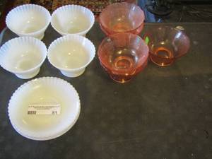 lot 81 image: pink glass parfait cups and milk glass parfait cups with saucers