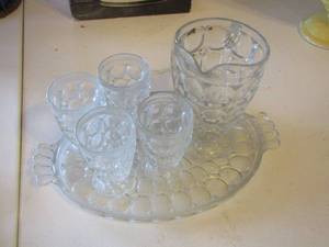 lot 94 image: clear bubble glass water set with PITCHER and glasses comes on a serving trey