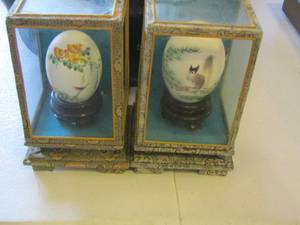 lot 108 image: 2 decorative eggs on stands in case