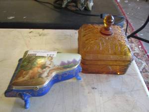 lot 127 image: orange glass covered candy dish- piano style box