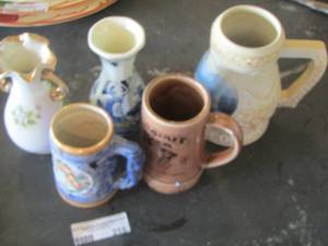 lot 215 image: qty 2 small vases qty 3 handled coffee cups