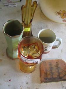 lot 220 image: qty 2 vases, wine glass, and a handled coffee cup
