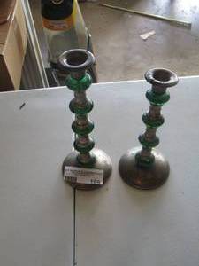 lot 199 image: qty 2 green glass candle stands