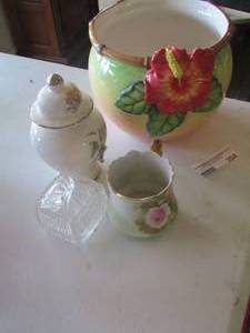 lot 204 image: covered trinket box, handled coffee cup, floral design bowl,