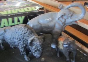 lot 226 image: small wooden elephant dcor, metal buffalo and elephant coin banks