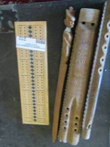 lot 232 image: WOODEN FLUTES, CRIBBAGE BOARD