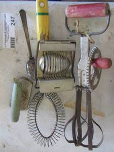 lot 247 image: egg slicer, vintage mixer, can opener and a mixer