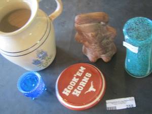 lot 258 image: hook em horns coaster, MARSHALL POTTERY handled bluebonnet pitcher, mini blue bowl, blue glass vase