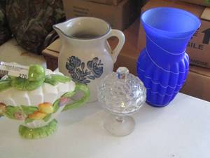 lot 270 image: blue vase, handled leave design pitcher, clear glass covered bowl on stand, handled fruit design teapot