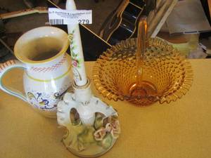 lot 279 image: floral design candle stand, brown glass handled basket, deruta handled pitcher