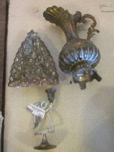 lot 282 image: silverplate angel design candle holder, Christmas tree silver plate platter, silver plate handled pitcher