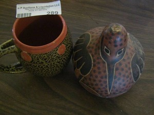 lot 289 image: green and red coffee cup,  & PERUVIAN GOURD PAINTED AS A BIRD