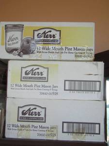 lot 313 image: new Kerr wide mouth pint mason jars with screw bands and lids qty 3 boxes