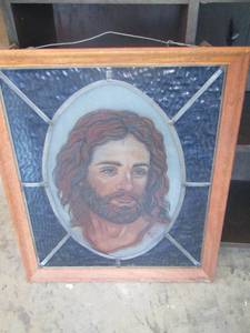 lot 555 image: stain glass Jesus framed art