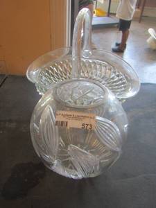 lot 573 image: clear glass handled basket, dcor bowl